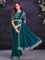 Teal Blue Crepe Satin Silk Ready To Wear Saree